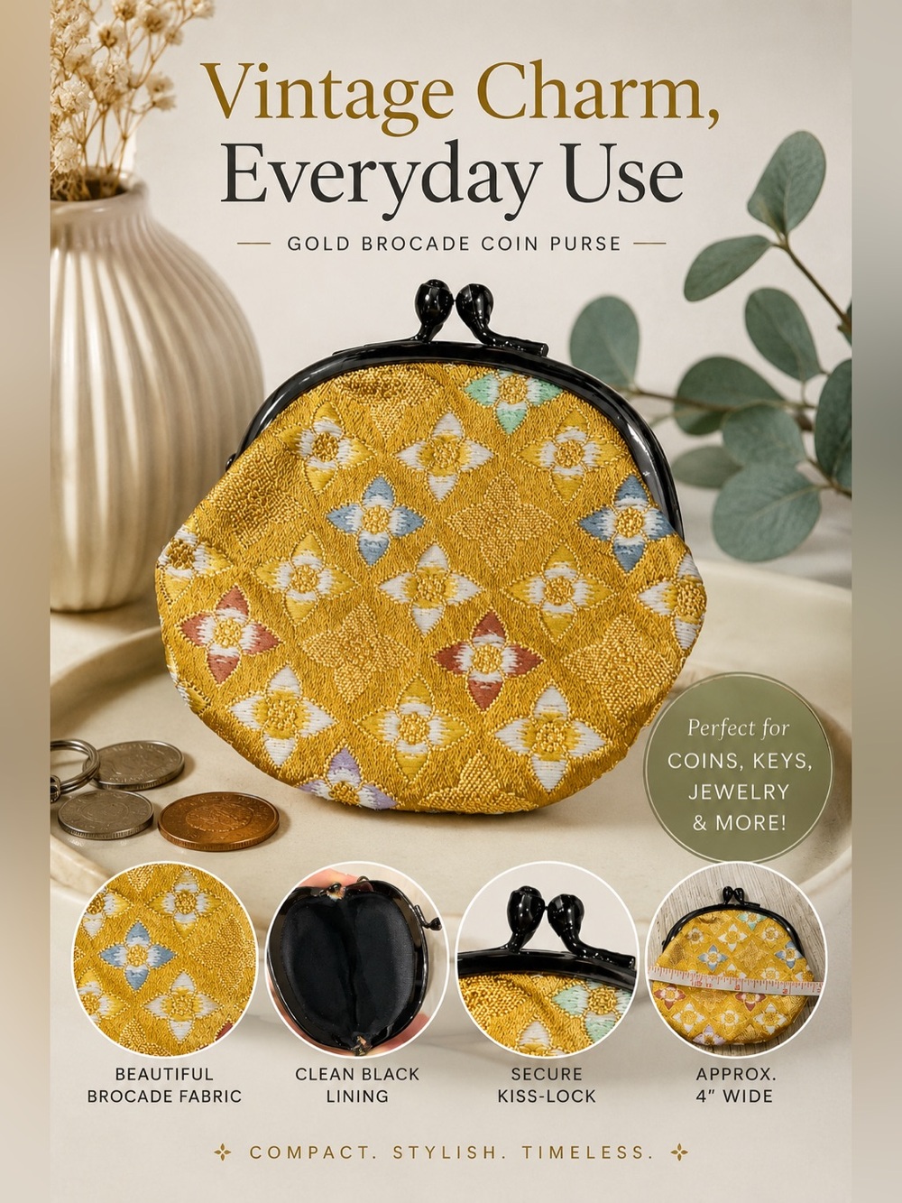 Gold Brocade Kiss Lock Coin Purse | Geometric Floral Mini Wallet